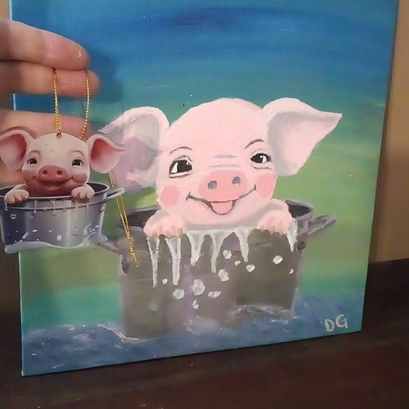 HOST PICK! Adorable Hand Painted  Piggy In A Bucket Of Water Painting 10"X10" - Picture 7 of 7
